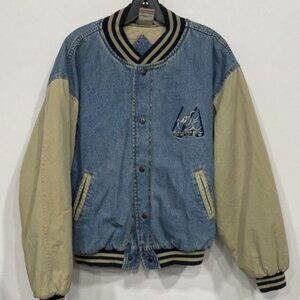 Mickey Inc Mens Blue Beige Cotton Mickey Mouse Jean Varsity Jacket Size Large